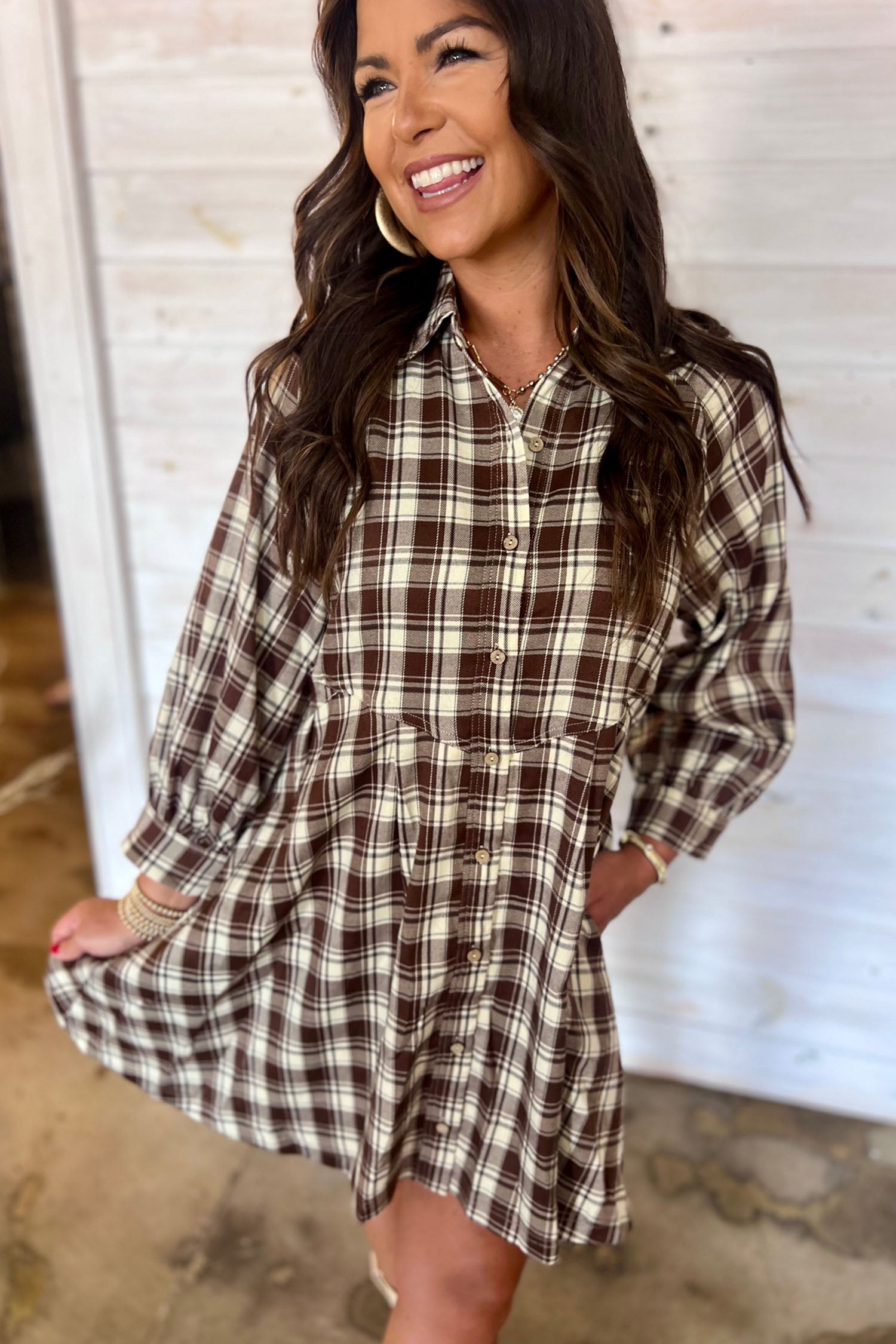 Brown Plaid Long Sleeve Short Shift Mini Dress 🇺🇸