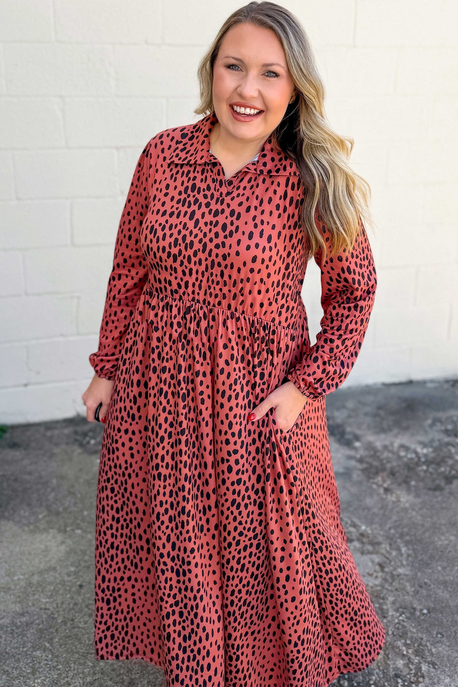 Red Leopard Print Long Sleeve V Neck Plus Size Midi Dress 🇺🇸