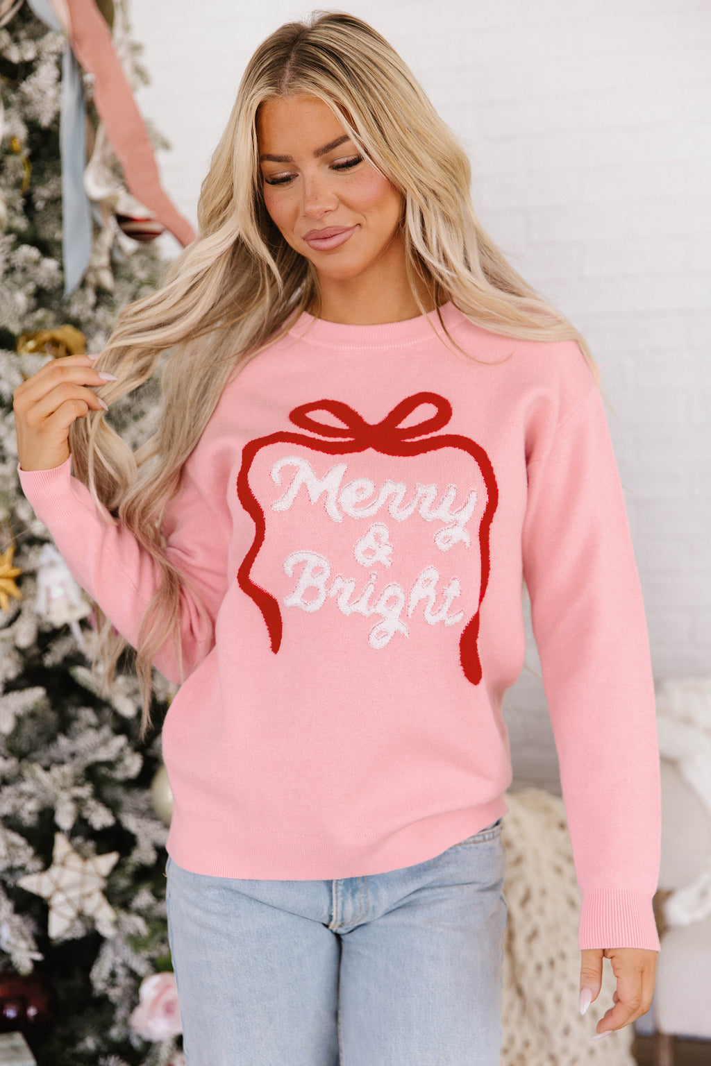 Gossamer Pink Drop Shoulder Round Neck Towel Embroidery Slogan Pullover Sweater 🇺🇸