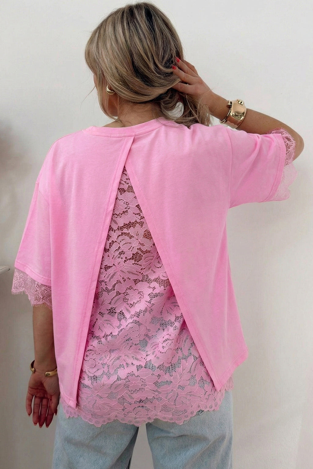 Pink Eyelash Floral Lace Patchwork Half Sleeve Oversize Tee 🇺🇸