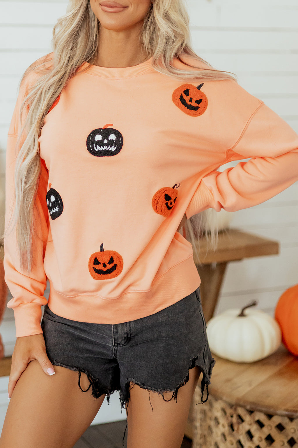 Orange Embroidered Pumpkin Face Drop Shoulder Sweatshirt 🇺🇸