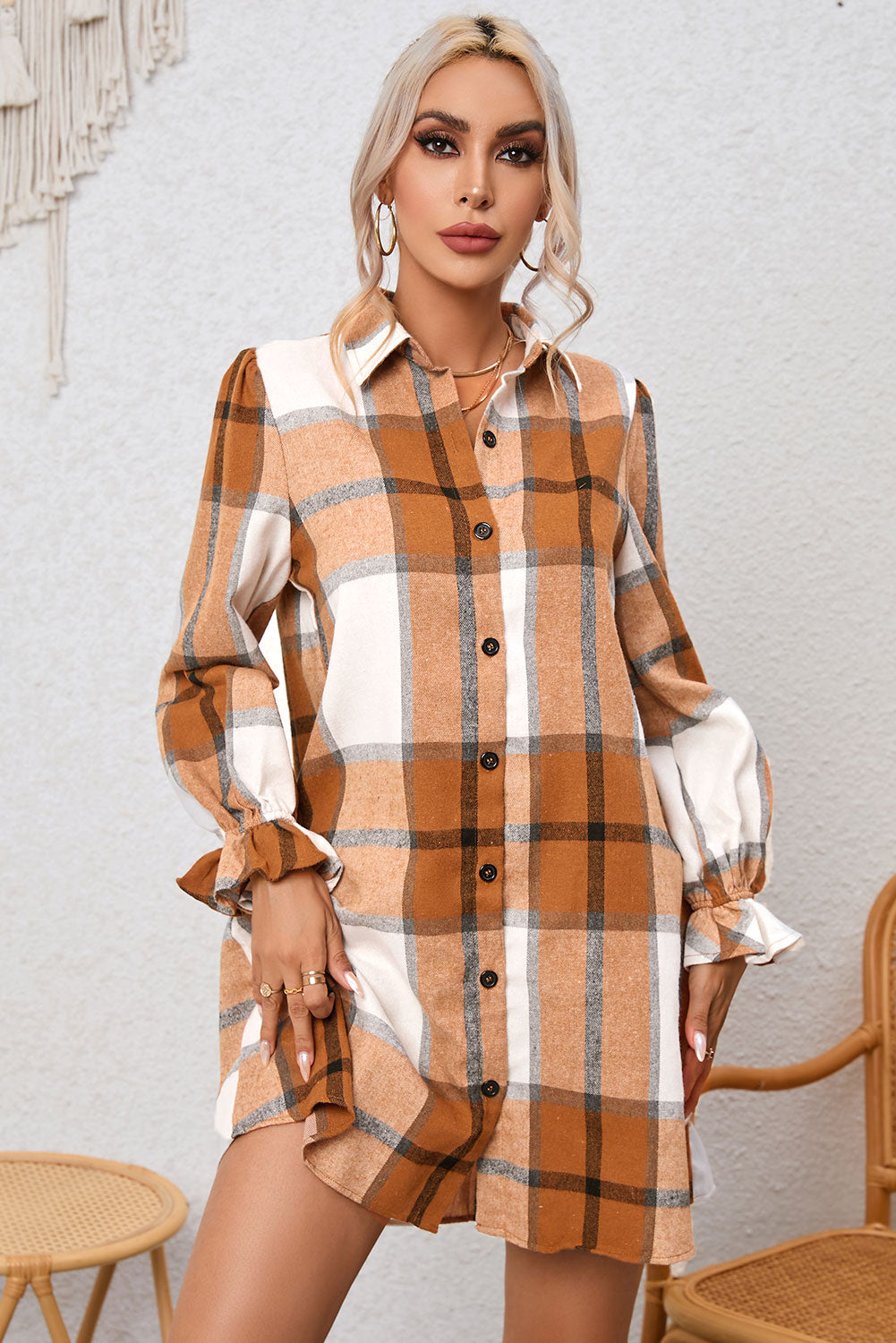 Khaki Plaid Pattern Collared Neck Ruffled Sleeve Shirt Dress 🇺🇸
