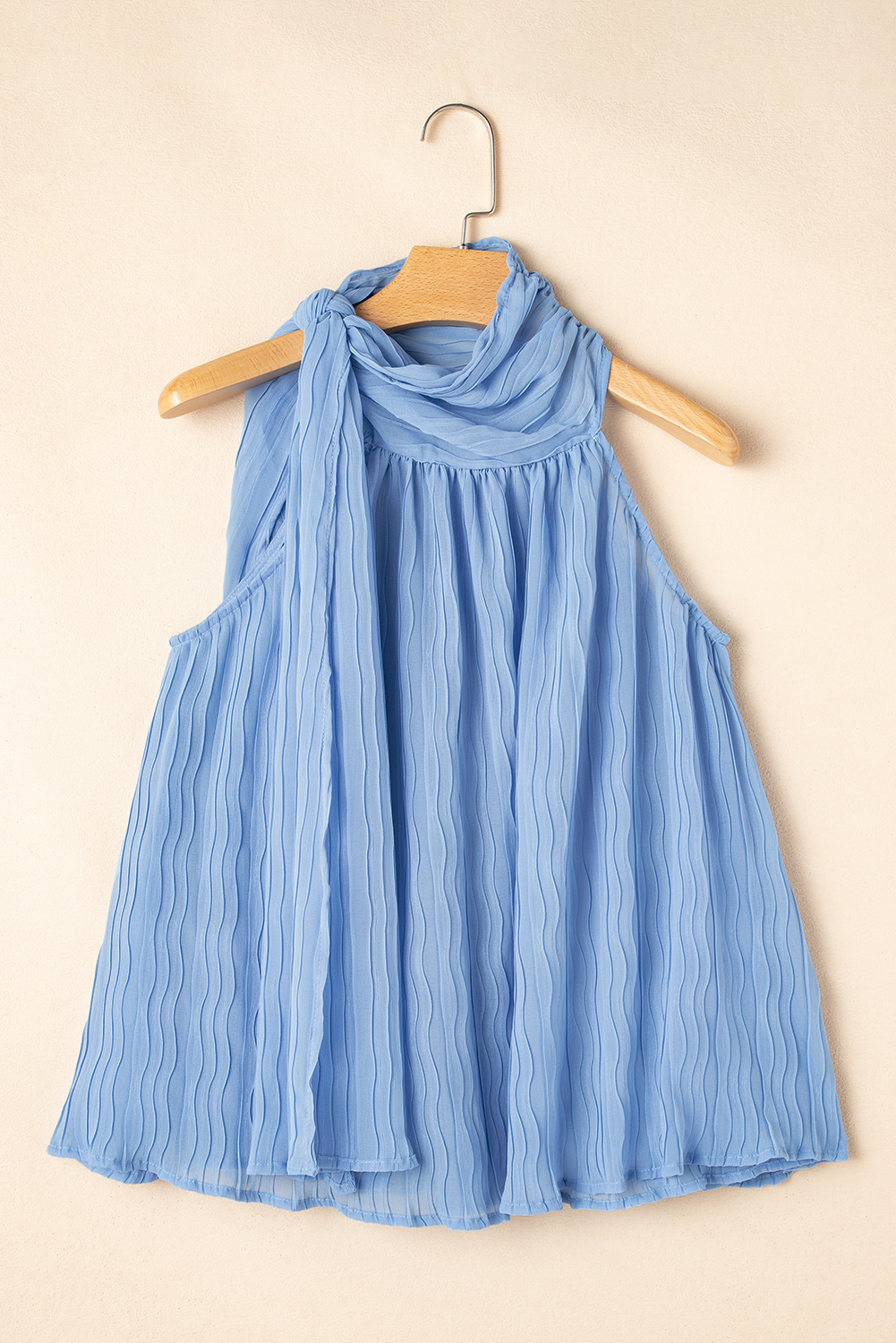 Myosotis Textured Pleated Tied Mock Neck Flowy Tank Top 🇨🇳