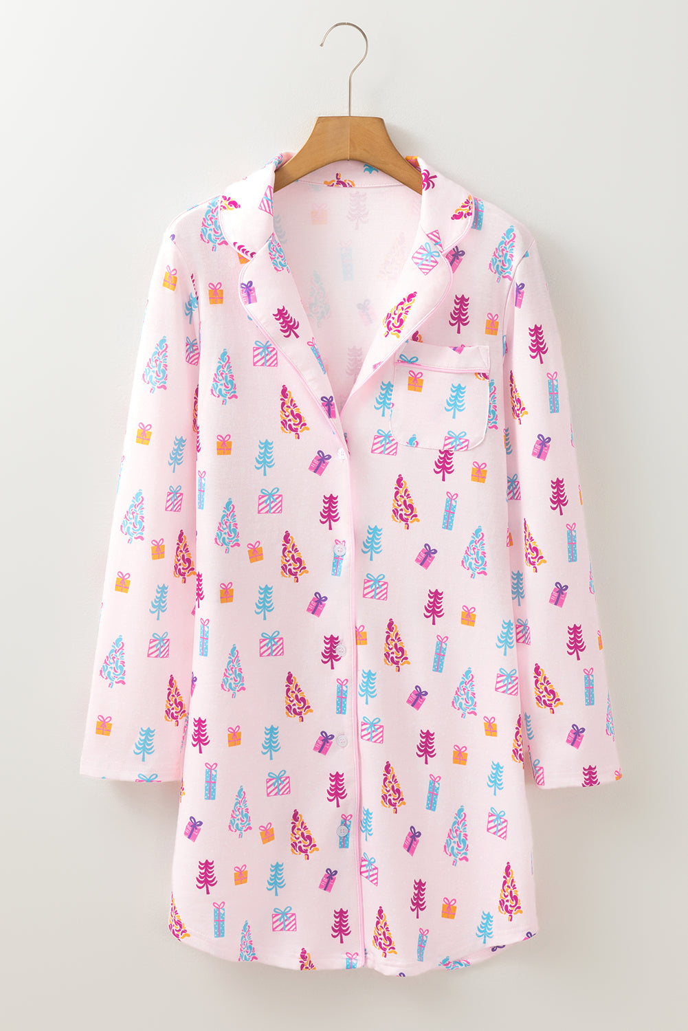 Pink Christmas Twinkle Tree Print Shirt Sleep Dress 🇺🇸