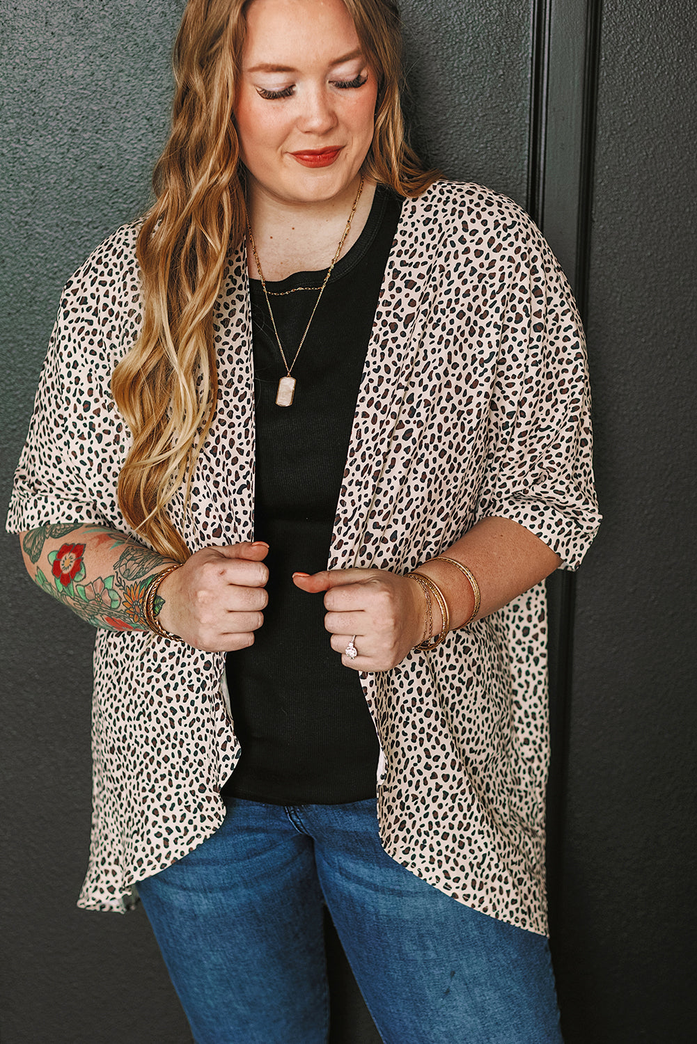 Khaki Plus Size Leopard Print Half Sleeve Open Front Cardigan  🇺🇸
