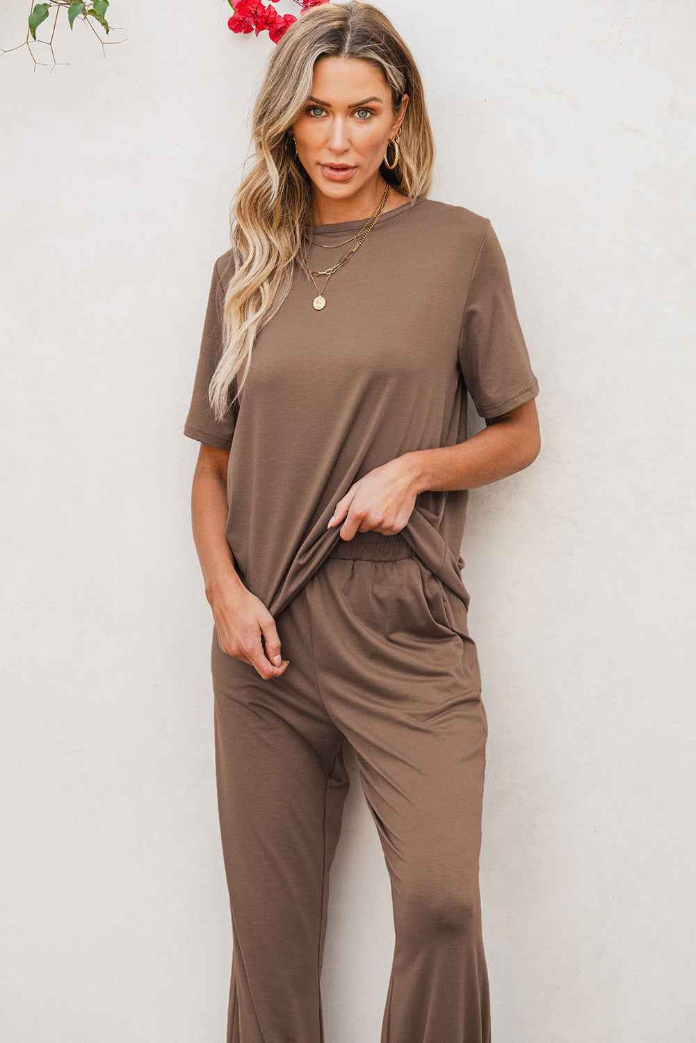 Smoke Gray Solid Color T Shirt 2pcs Wide Leg Pants Set 🇺🇸