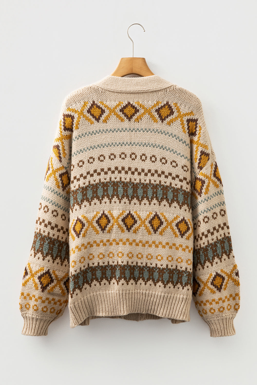 Khaki Western Pattern Knitted Button V Neck Cardigan Sweater 🇺🇸
