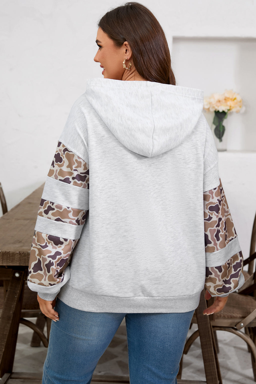 Light Grey Camouflage Patchwork Asymmetric Sleeve Plus Size Hoodie 🇺🇸