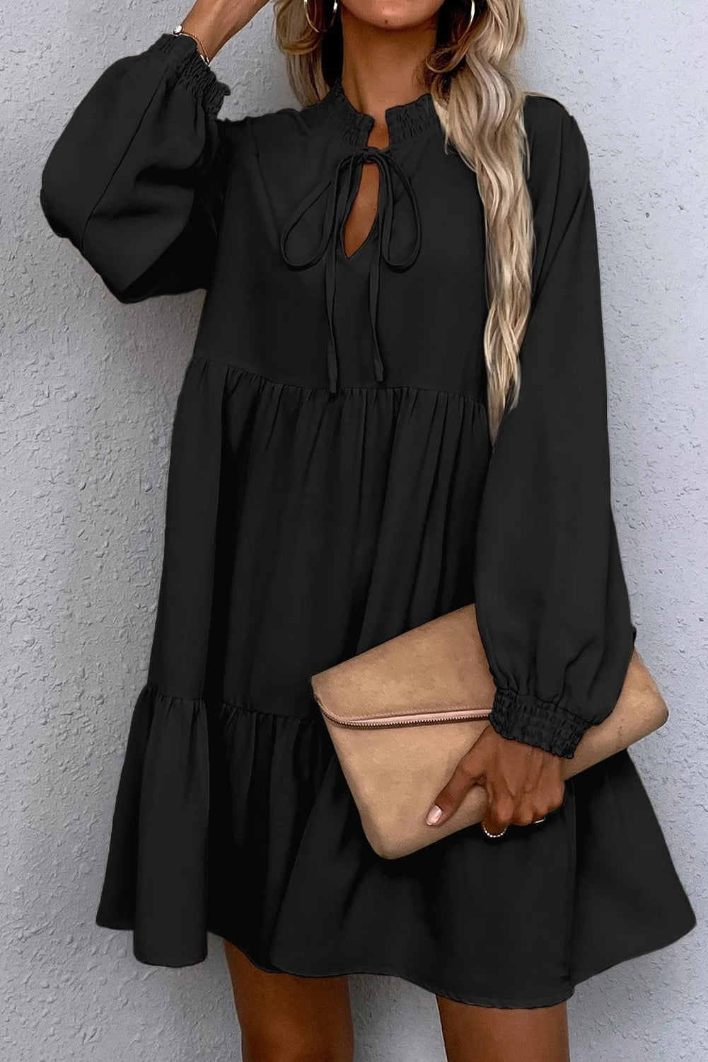 Black Tie Split Neck Smocked Detail Long Puff Sleeve Ruffle Hem Loose Dress 🇺🇸