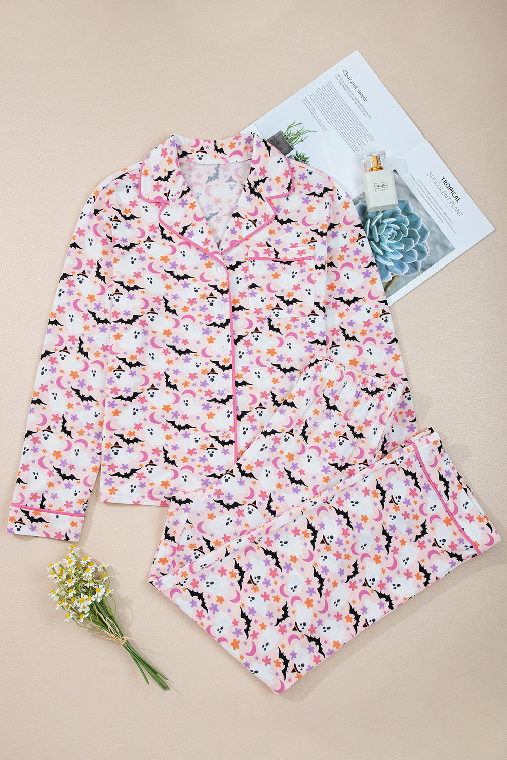 Pink Halloween Eve Haunted Honey Bat Print Pajama Set 🇺🇸