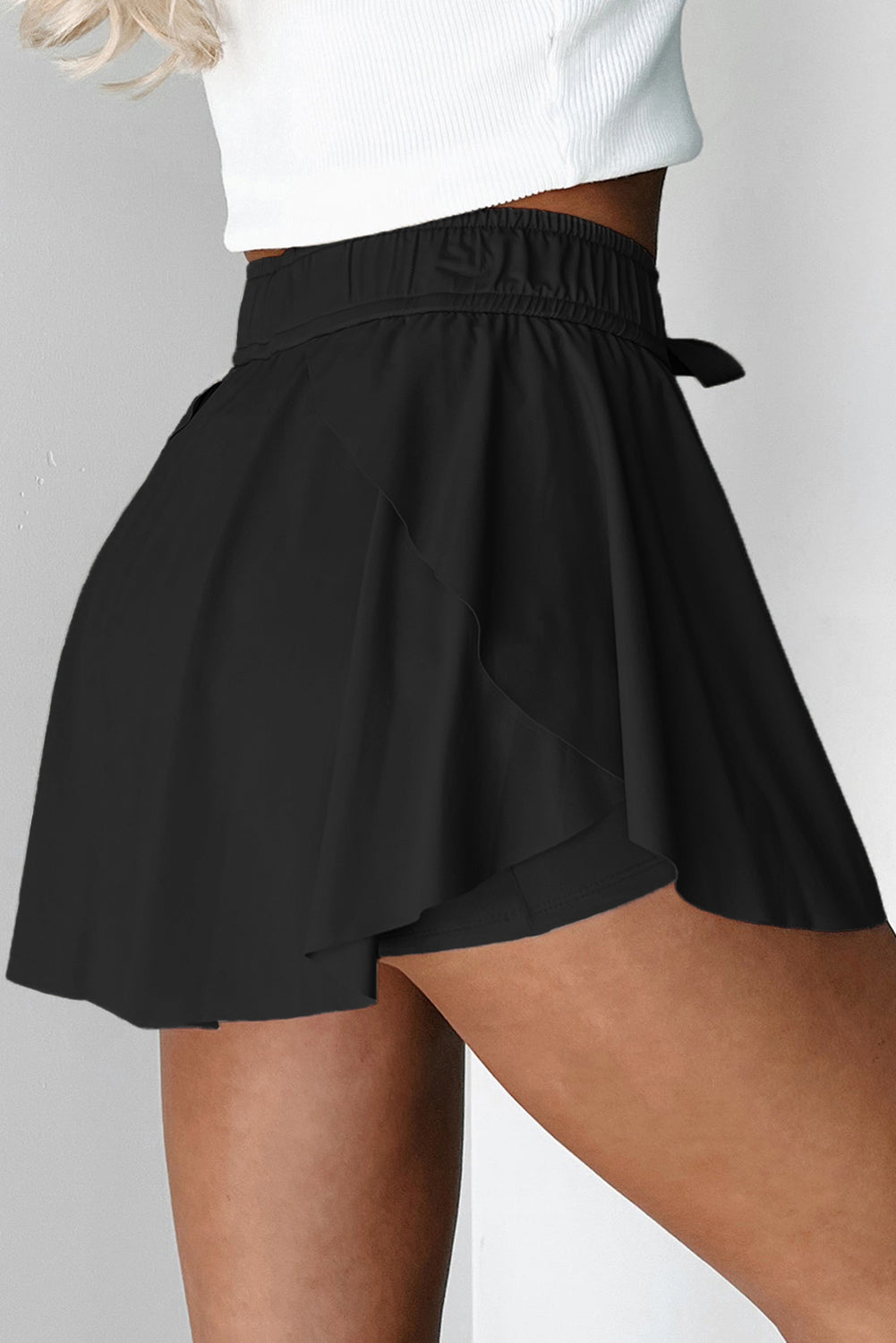 Black Drawstring High Waist Lined Tennis Skorts 🇨🇳