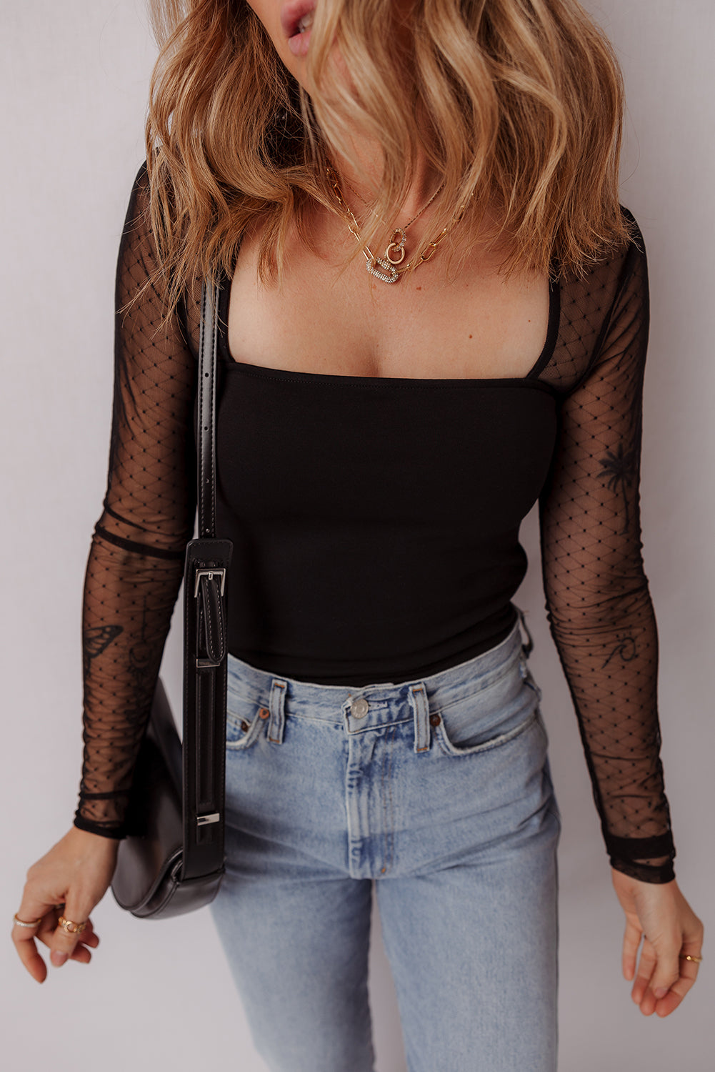 Black Polka Dot Mesh Long Sleeve Square Neck Bodysuit 🇺🇸