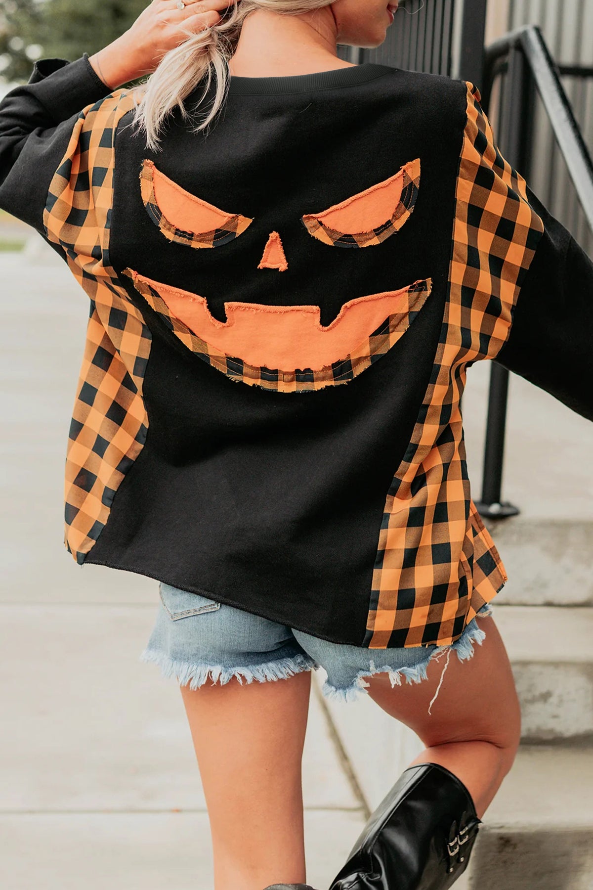 Black Patchwork Plaid Pumpkin Face Long Sleeve Top 🇺🇸