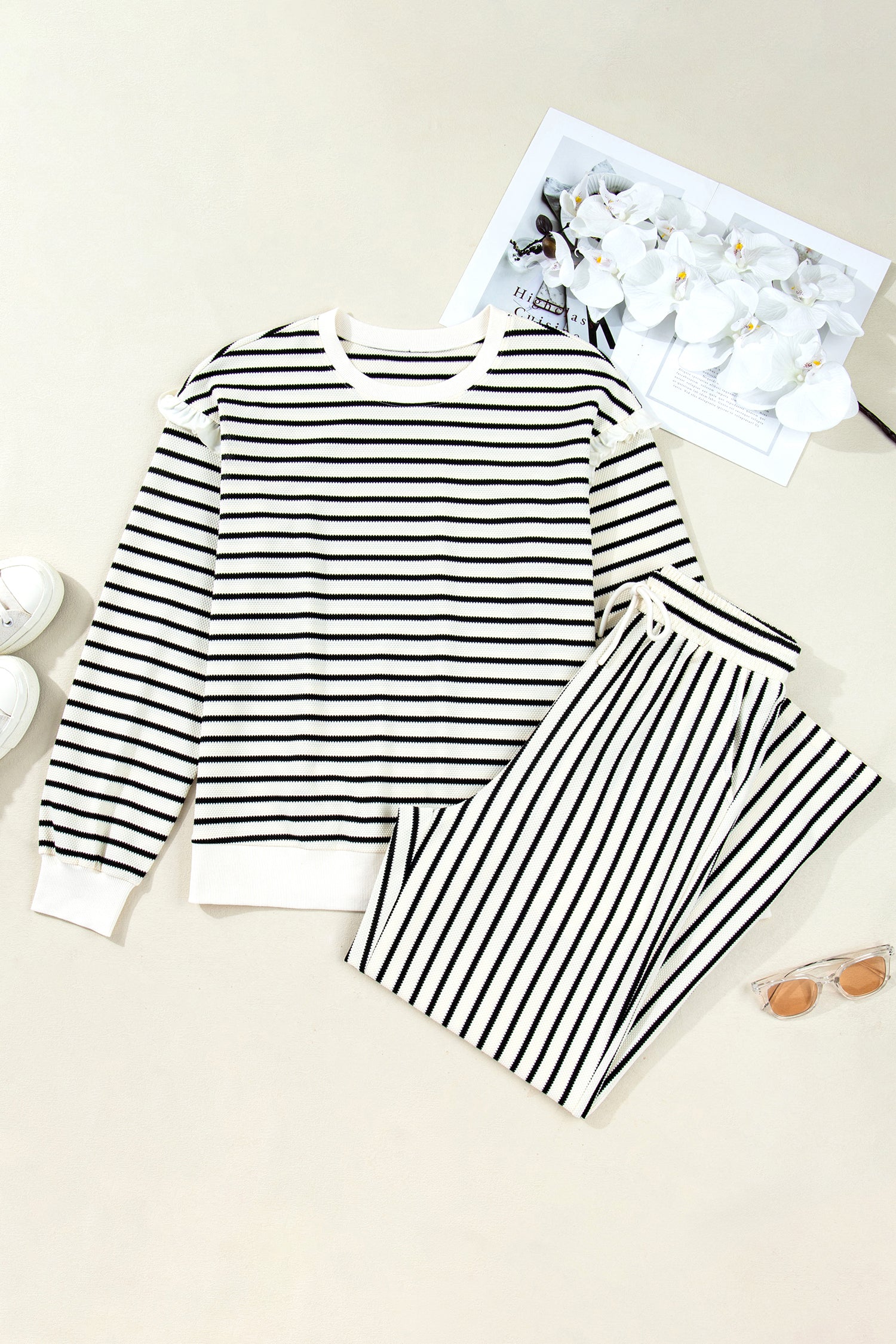 White Stripe Ruffle Trim Drop Shoulder Top Drawstring Loose Pant Set 🇺🇸