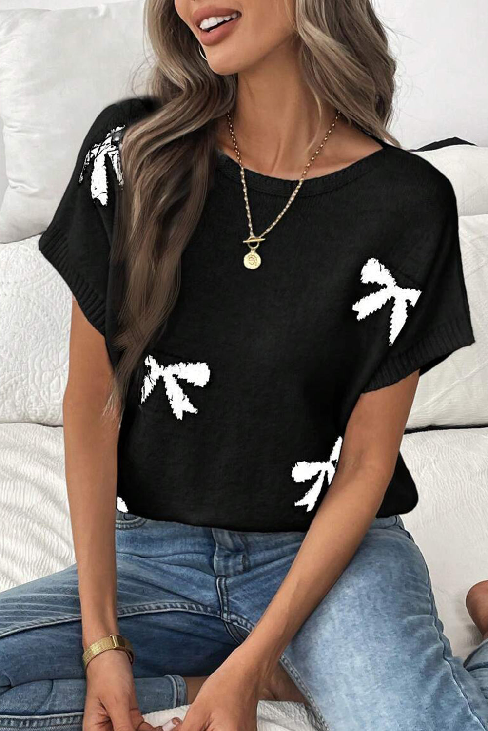 Black Bow Pattern Knit Short Sleeve Sweater 🇺🇲