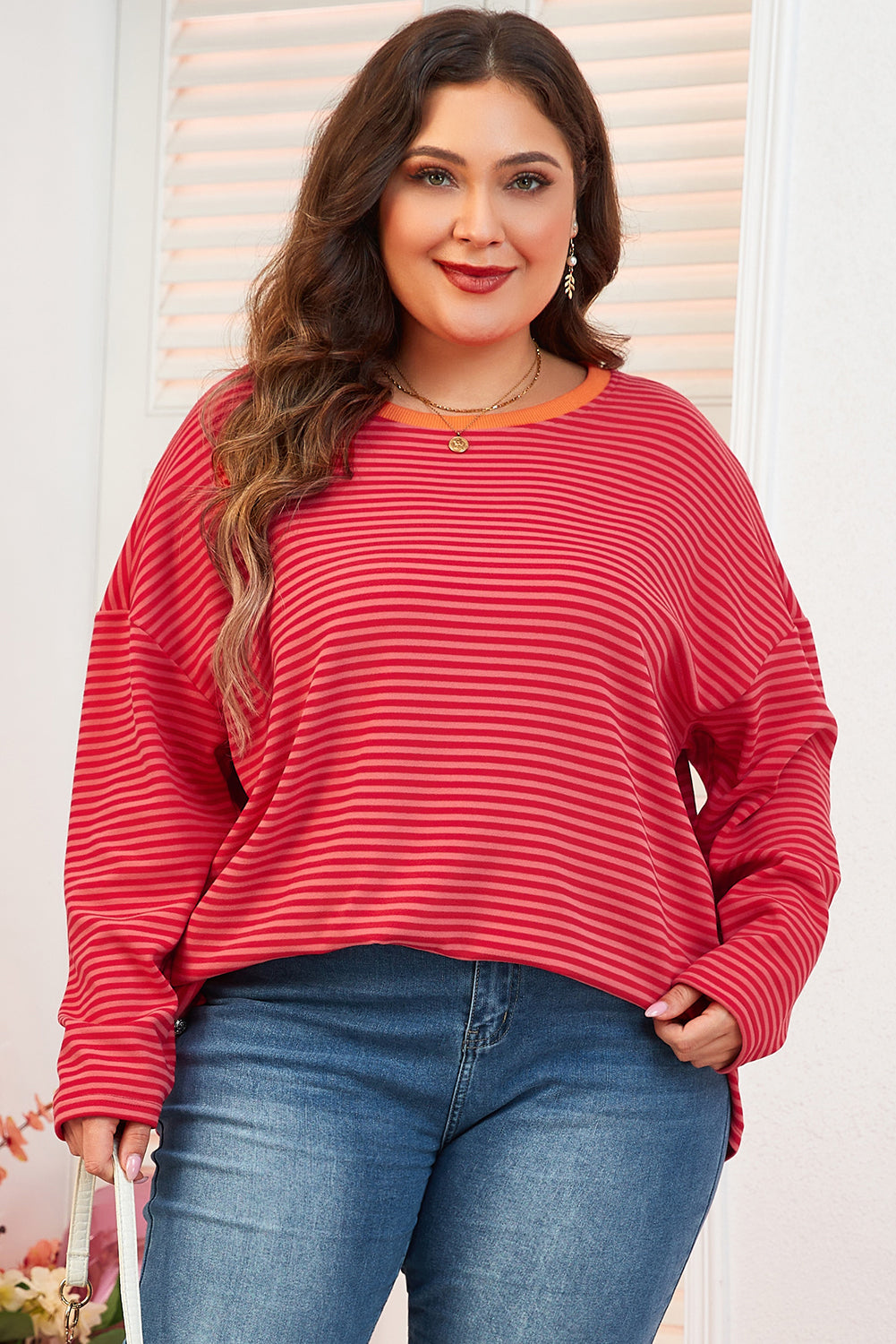 Orange Stripe Plus Size Drop Shoulder Long Sleeve Buttoned Decor Top 🇨🇳
