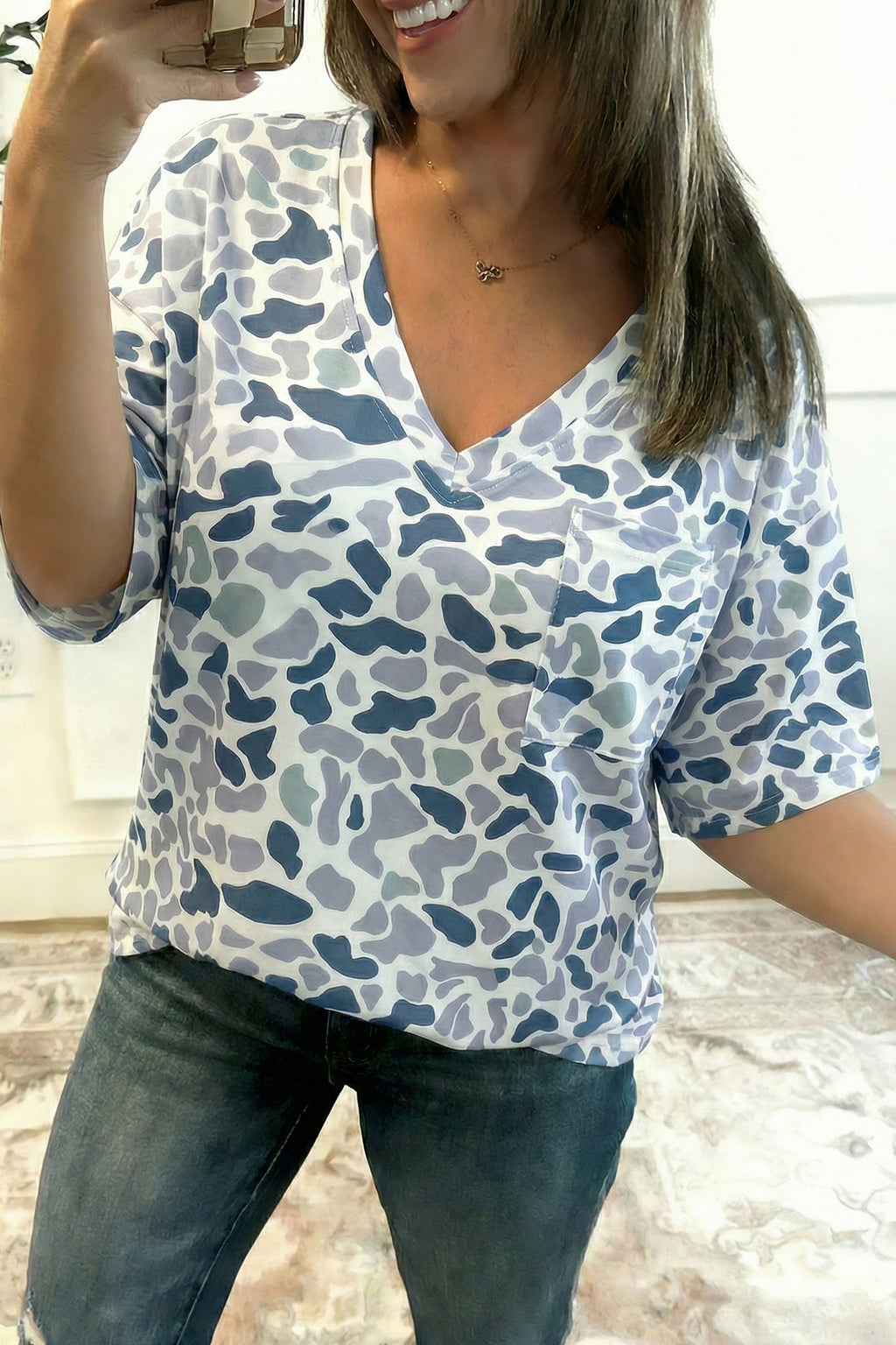 Gray Camouflage Print Single Chest Pocket V Neck Tee 🇺🇸