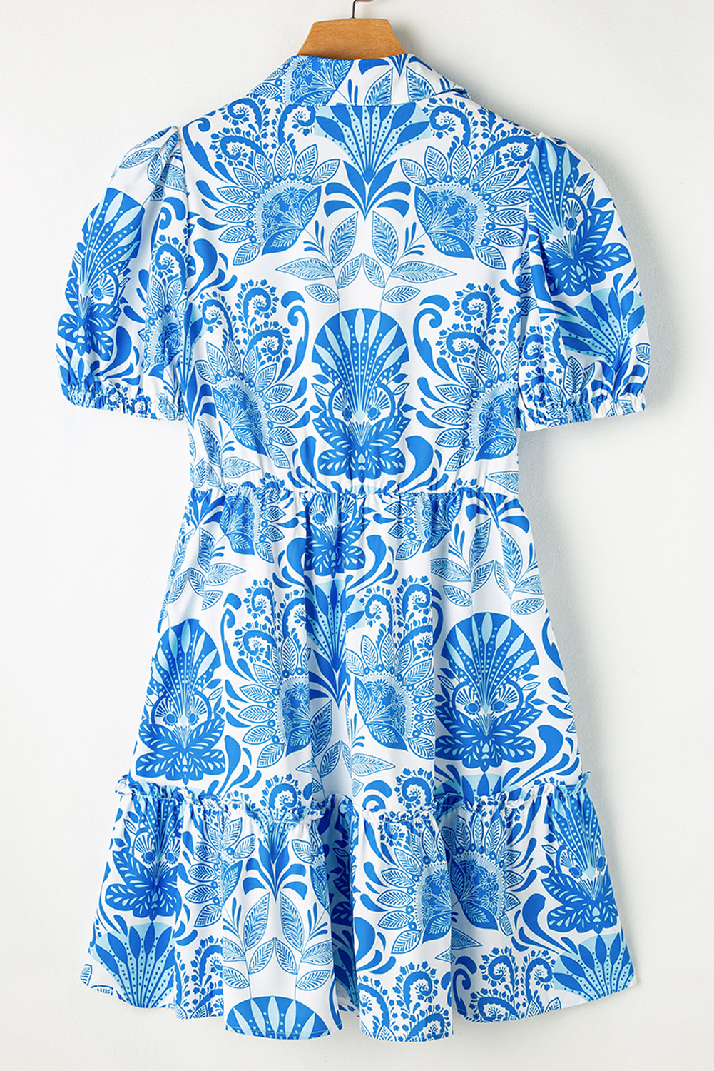 Sky Blue Retro Floral Print Drawstring Waist Ruffled Mini Dress 🇺🇸