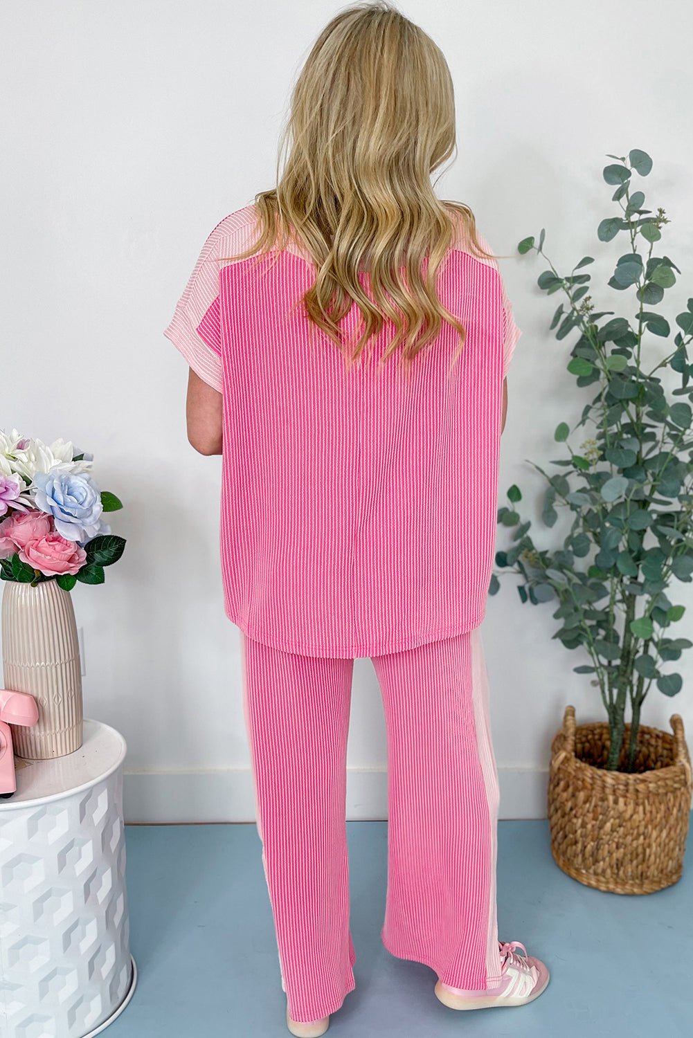 Sachet Pink 2-tone Colorblock Patchwork Corded 2pcs Outfit 🇨🇳