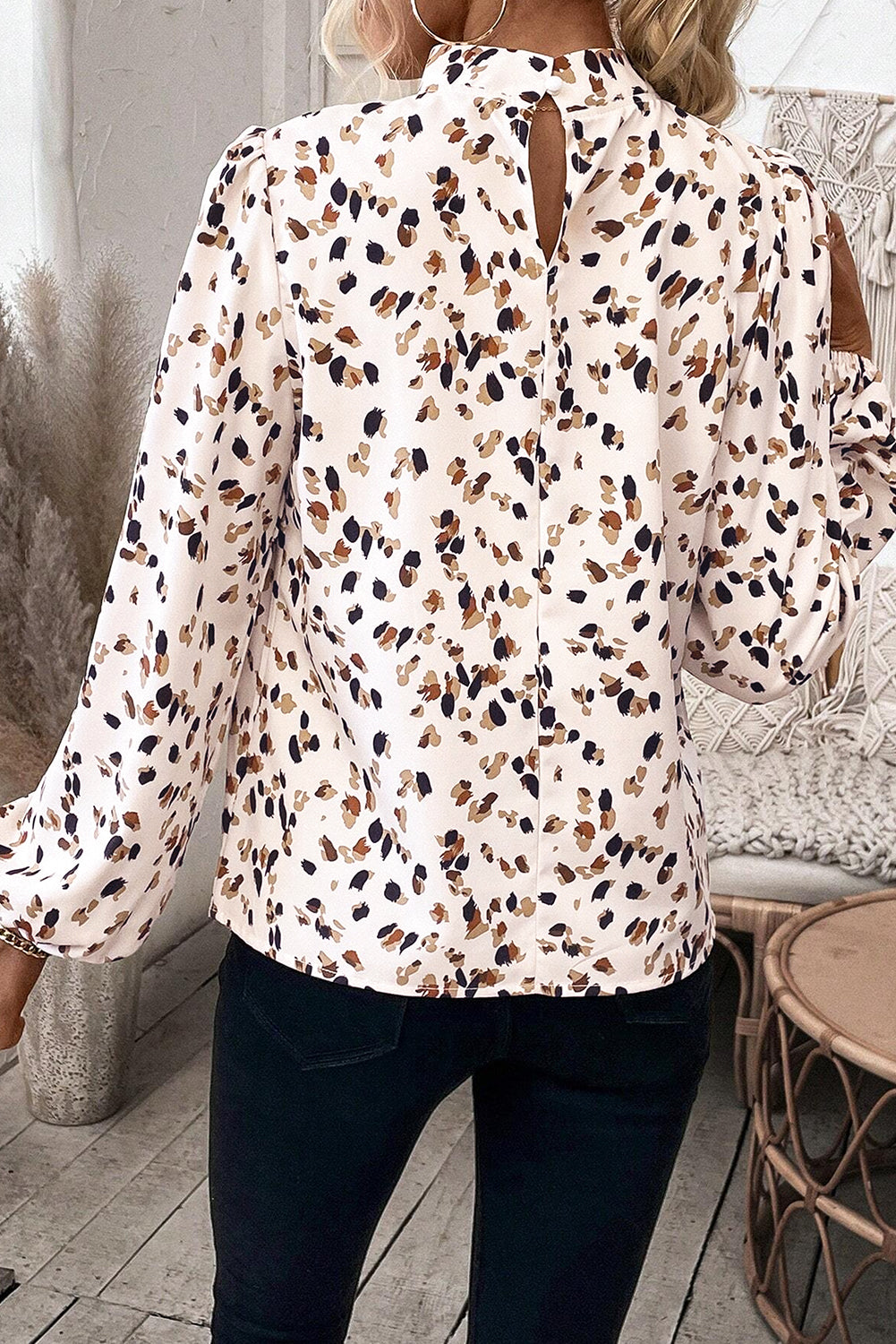 White Leopard Print Lantern Sleeve Mock Neck Pleated Blouse 🇺🇸