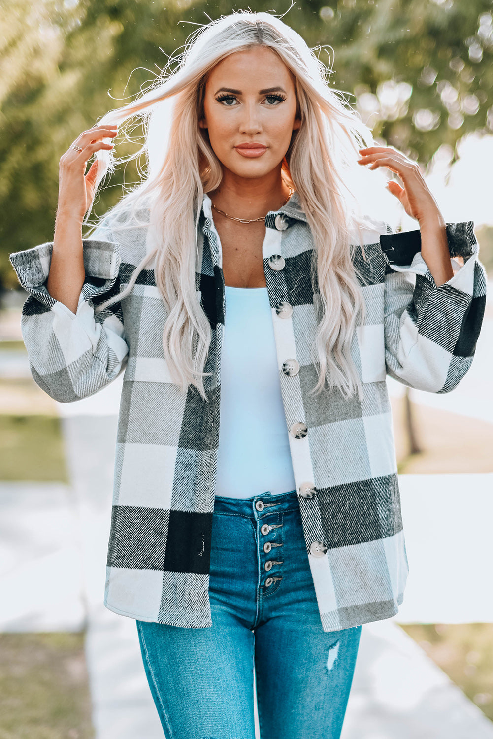 Gray Plaid Color Block Buttoned Long Sleeve Jacket with Pocket 🇺🇸