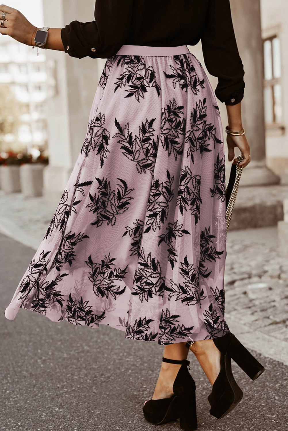 Peach Blossom Floral Leaves Embroidered High Waist Maxi Skirt 🇨🇳