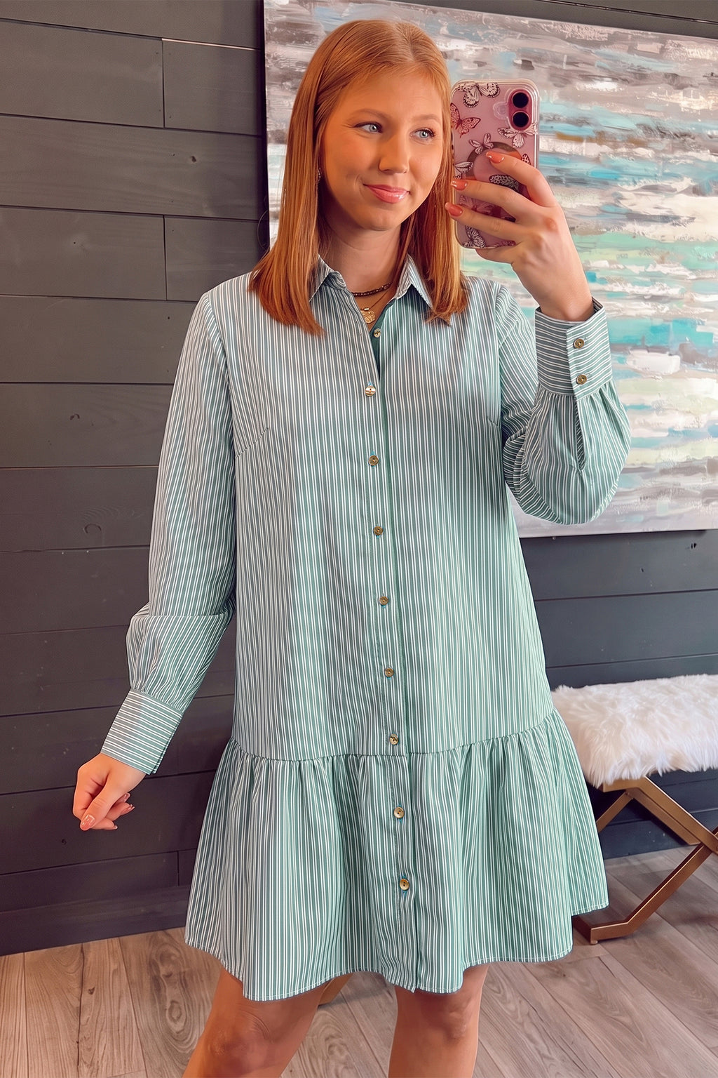 Green Stripe Striped Shift Long Sleeve Dress 🇺🇸