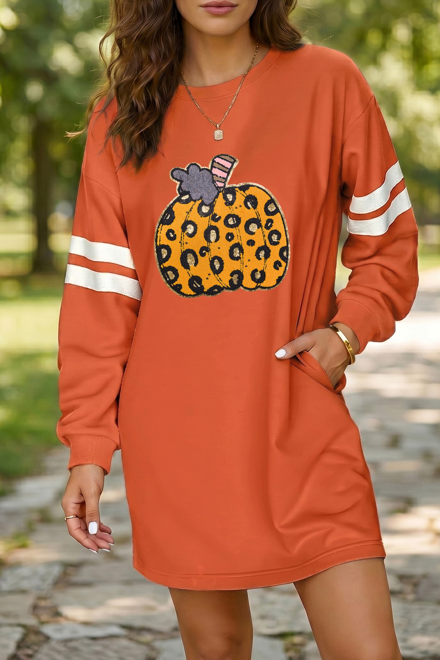 Orange Leopard Print Pumpkin Graphic Varsity Striped Long Sleeve Tunic Dress 🇺🇸