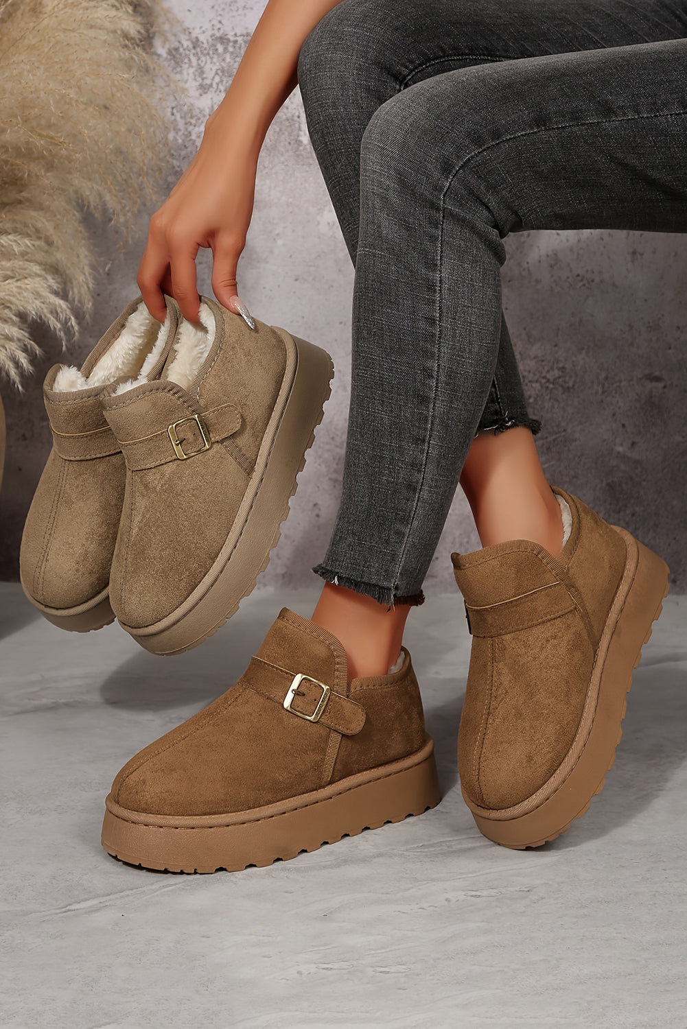 Coffee Buckle Detail Round Toe Platform Cozy Winter Boots 🇺🇸