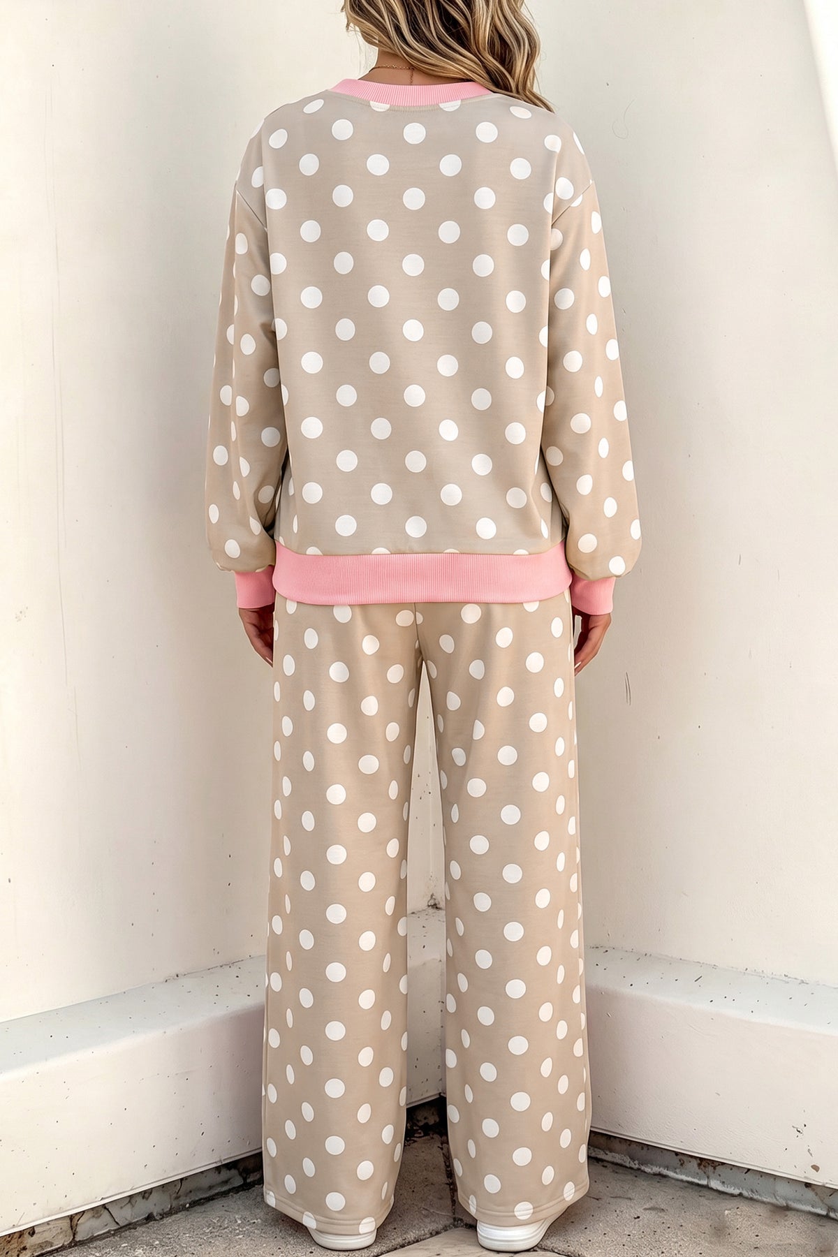 Sky Blue Polka Dot Contrast Trim Long Sleeve Top Drawstring Shift Pants Set 🇺🇸