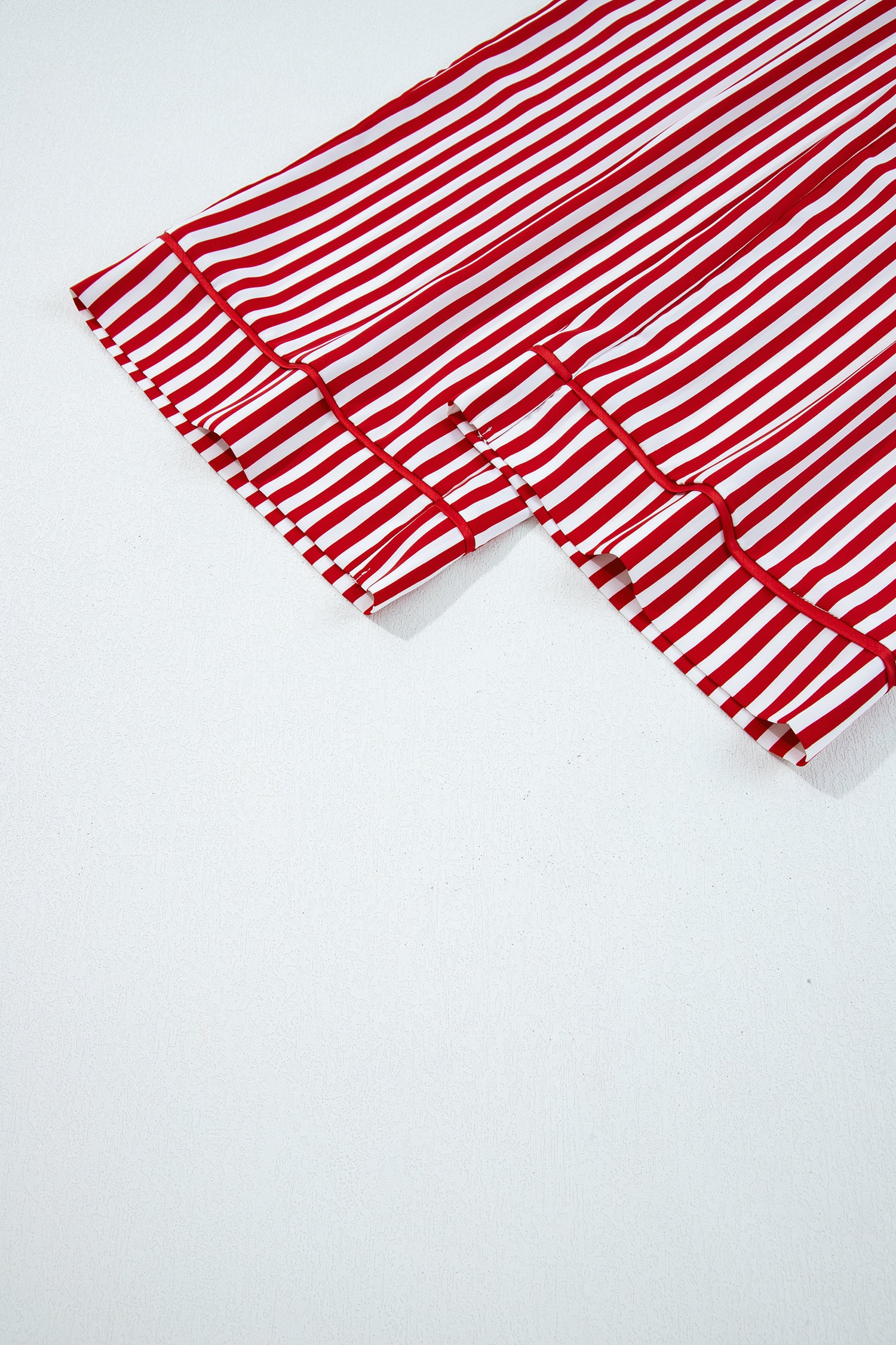 Red Stripe Contrast Velvet Trim Bow Knot Waist 2pcs Pajama Set 🇺🇸