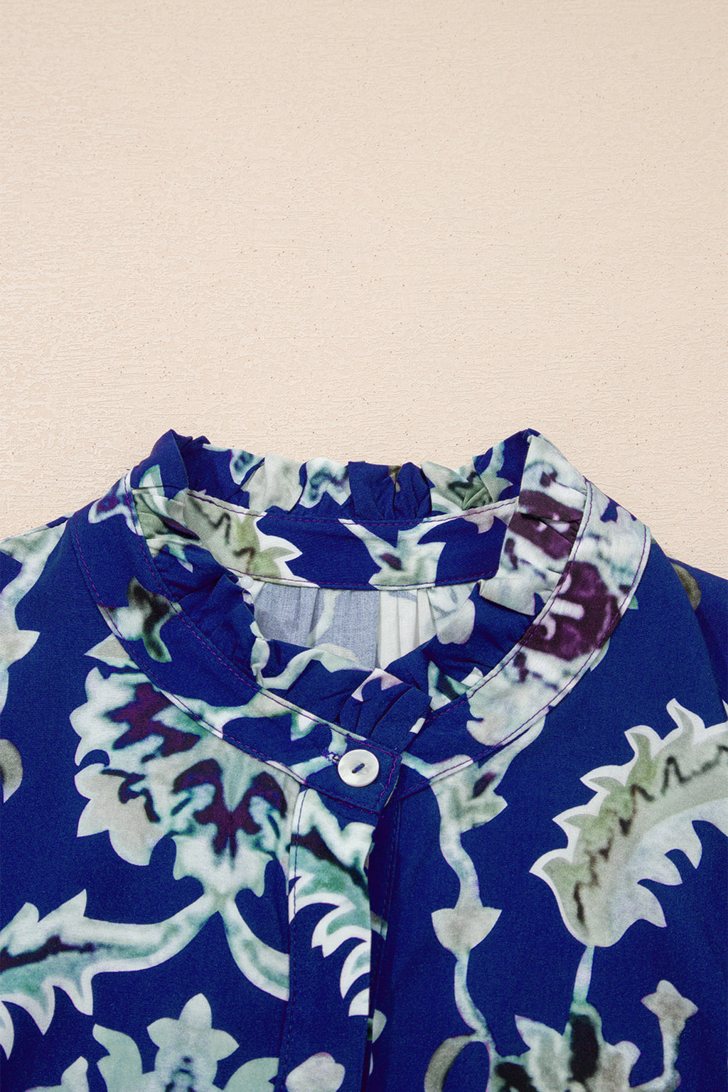 Blue Wild Floral Print Frilled Collar Half Sleeve Long Dress 🇺🇸