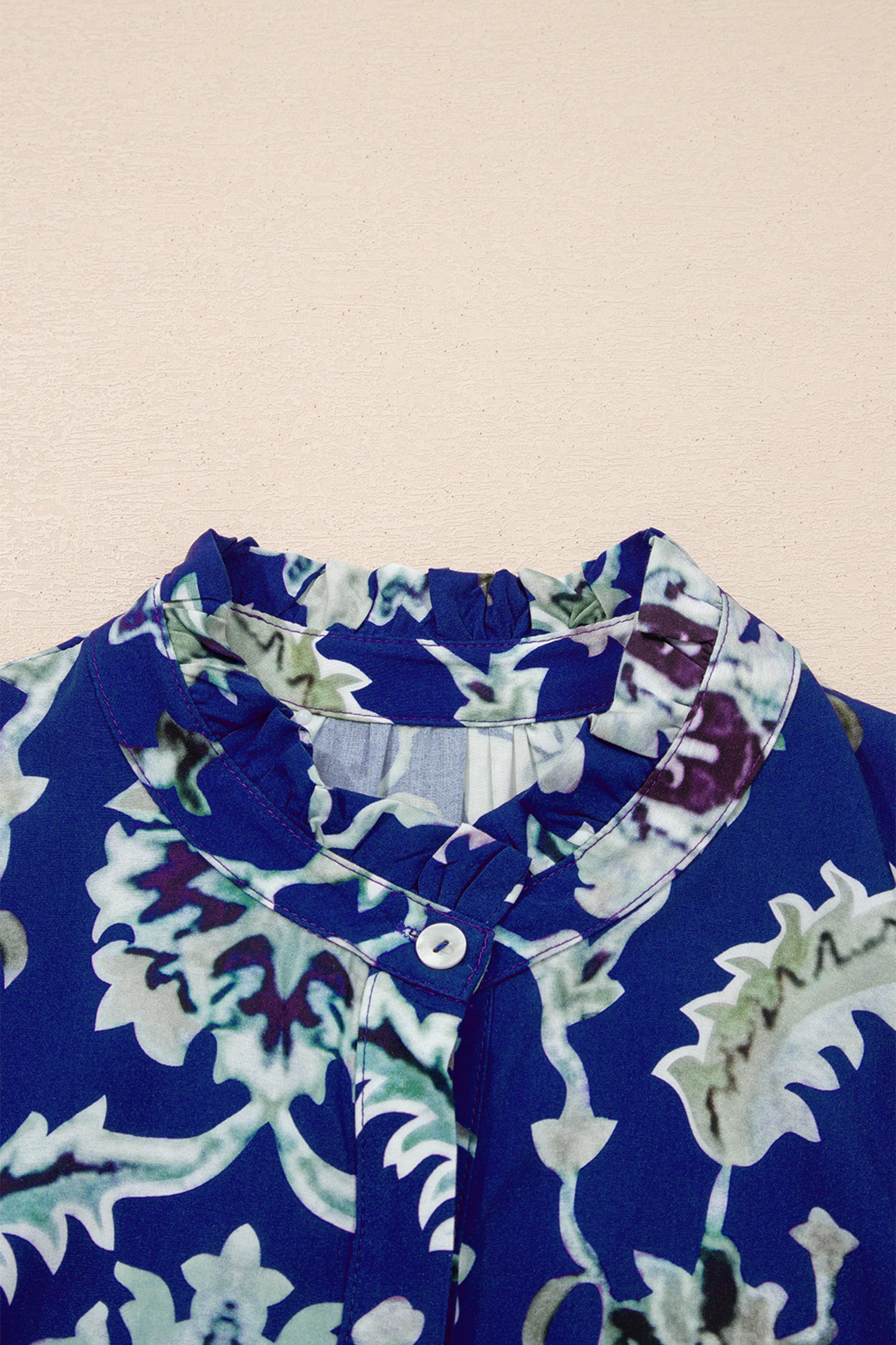 Blue Wild Floral Print Frilled Collar Half Sleeve Long Dress 🇺🇸