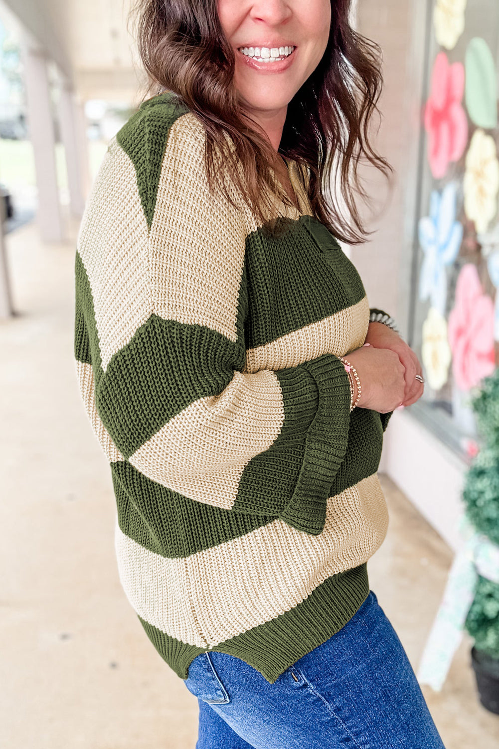 Green Stripe Colorblock Notched Neck Plus Size Sweater 🇺🇸