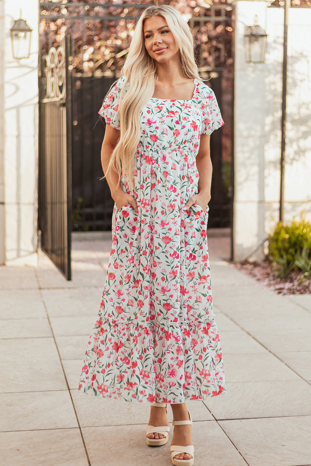 Pink Floral Puff Sleeve Square Neck Empire Waist Tiered Maxi Dress 🇨🇳