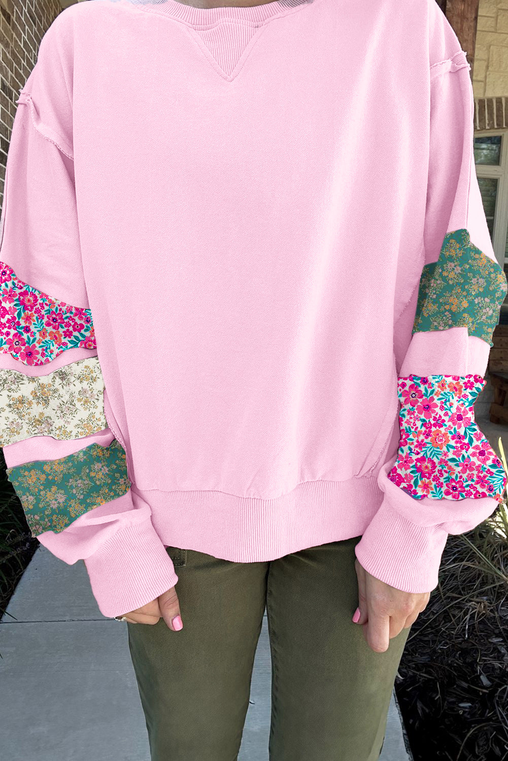 Pink Plus Size Mix Floral Patched Sleeve Ribbed Trim Baggy Sweatshirt 🇺🇸