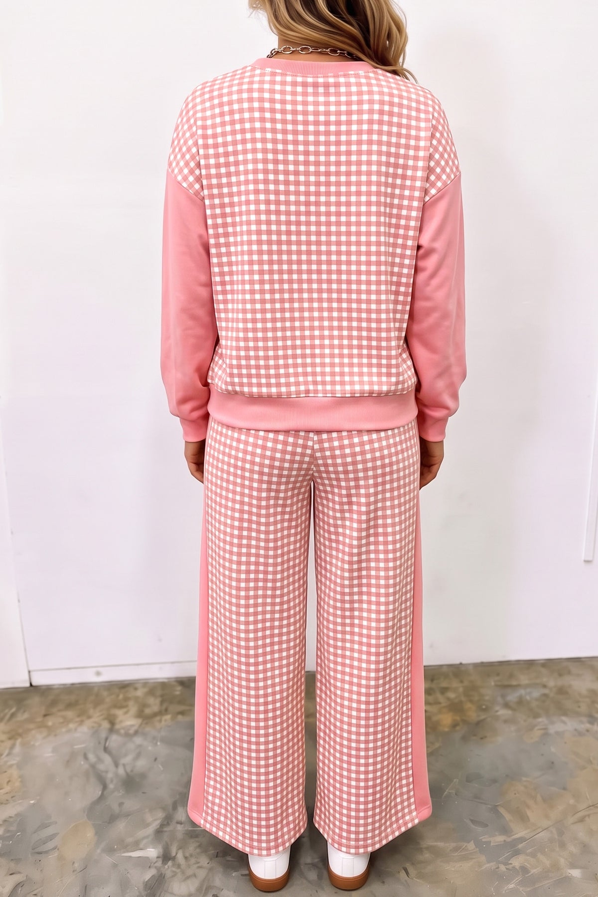 Khaki Color Block Plaid Patchwork Long Sleeve Pullover Wide Leg Pant Set 🇺🇸