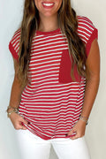 Red Stripe Chest Pocket Patch Round Neck Tank Top 🇨🇳