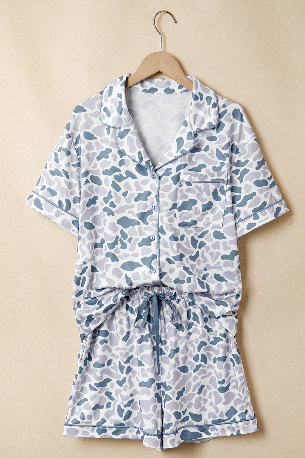 Beige Camouflage Print Lapel Shirt Drawstring 2pcs Short Pajama Set 🇺🇸