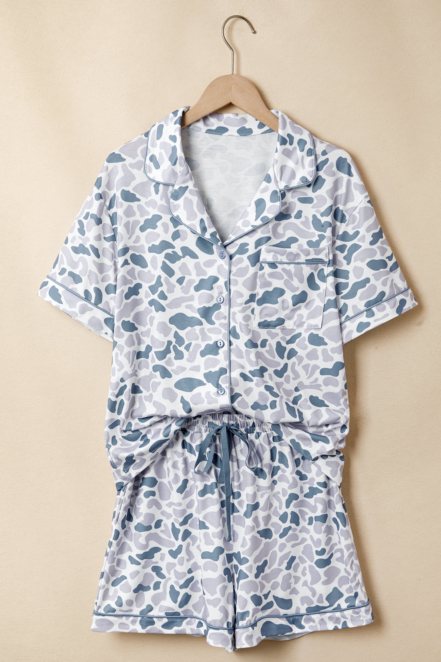 Beige Camouflage Print Lapel Shirt Drawstring 2pcs Short Pajama Set 🇺🇸