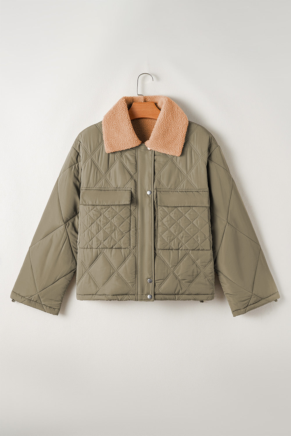 Jungle Green Teddy Collar Flap Pockets Quilted Puffer Jacket 🇺🇸