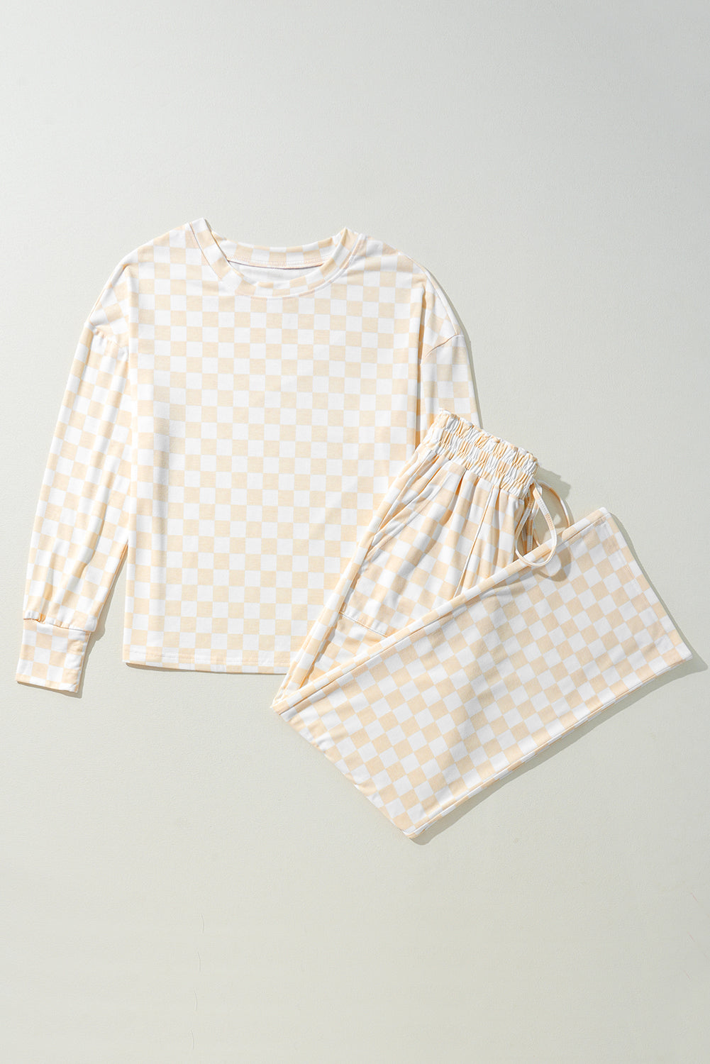 Beige Checkered Print Long Sleeve Top and Pants Lounge Set 🇨🇳