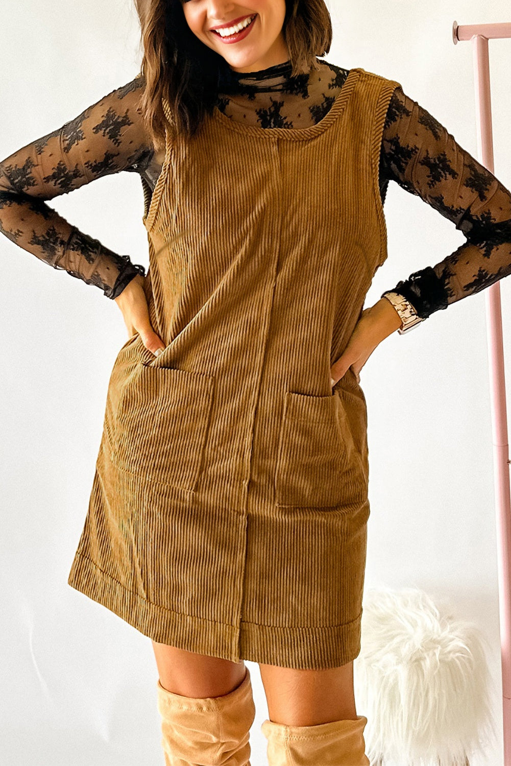 Beige Corduroy Sleeveless Mini Dress With Patched Pockets 🇺🇸