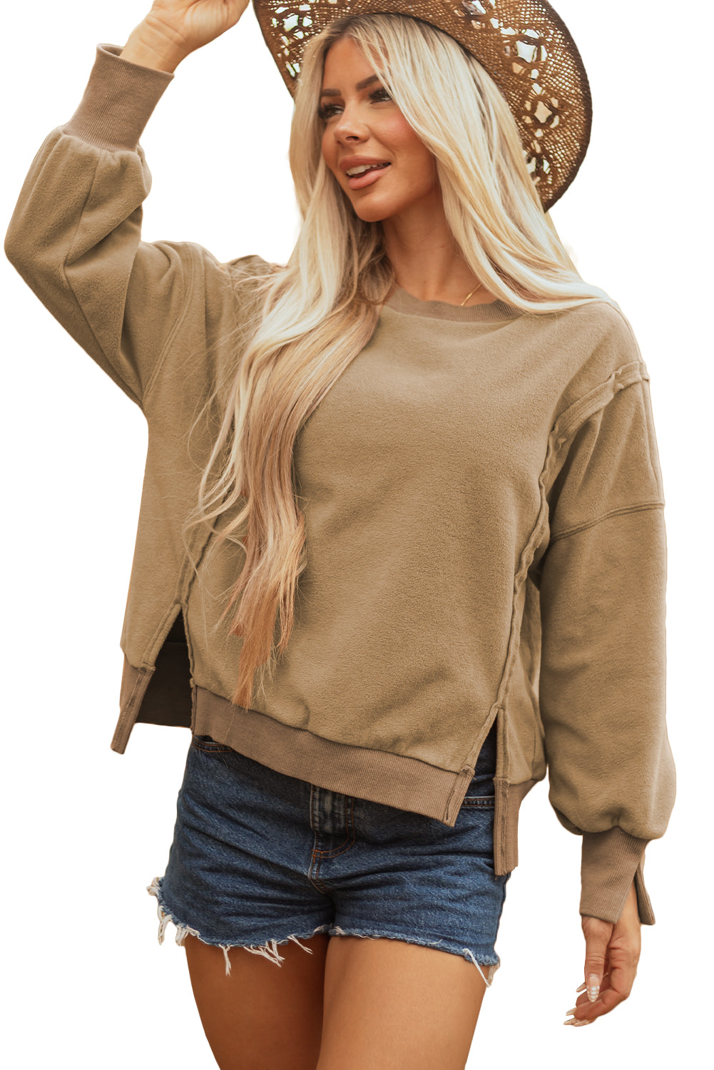 Dark Khaki Fuzzy Sherpa Splicing Pullover Sweatshirt with Side Slit 🇺🇸
