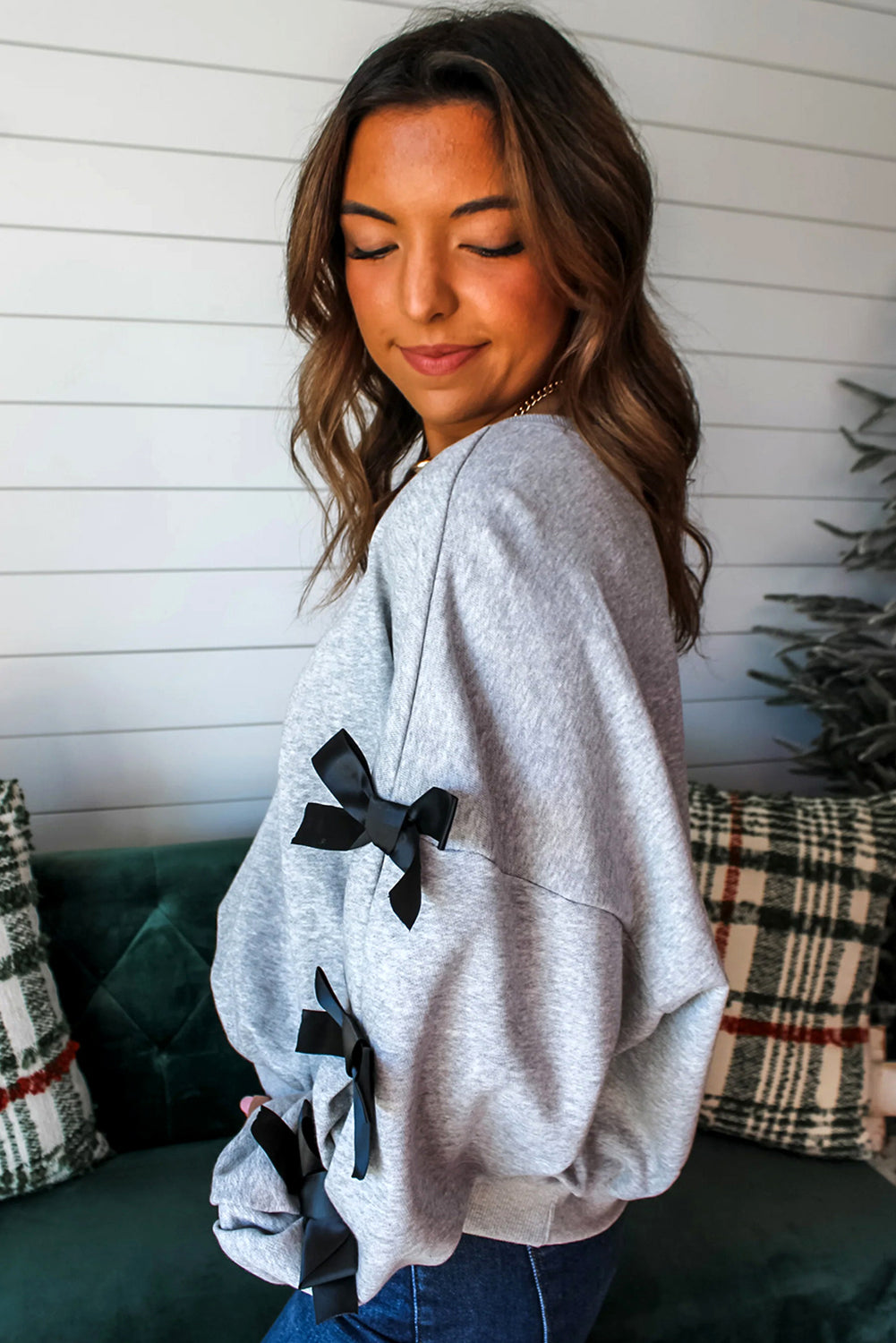 Light Grey Contrast Bow Applique Drop Sleeve Round Neck Sweatshirt 🇺🇸