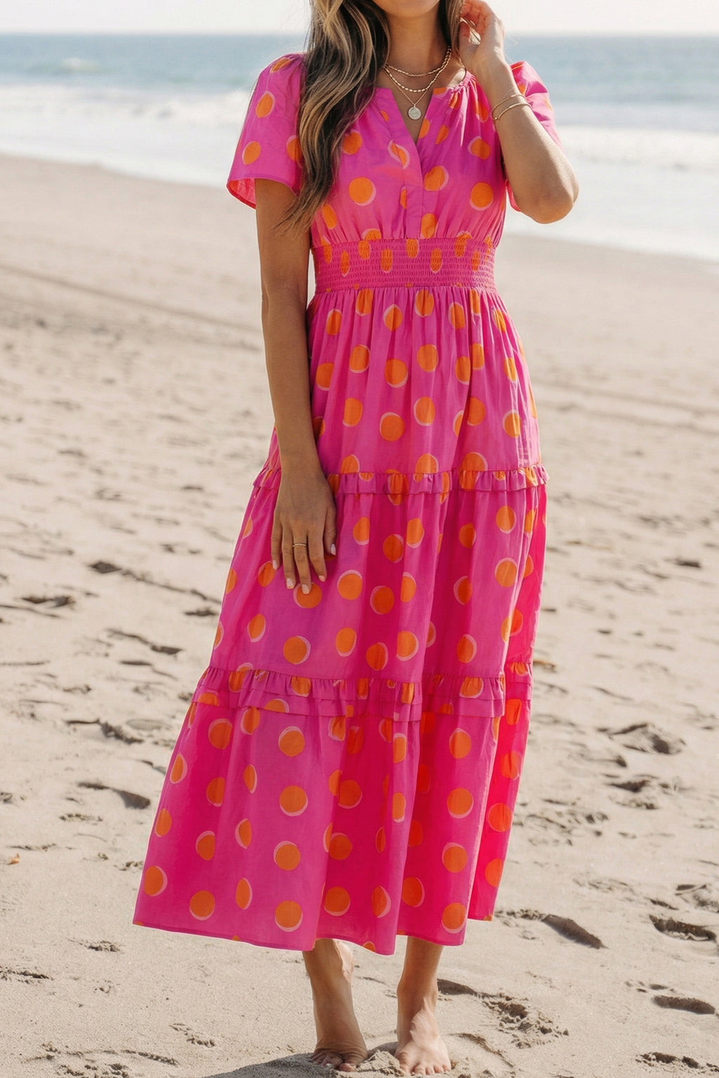 Rose Double Polka Dot Short Sleeve Shirred High Waist Midi Dress 🇺🇸