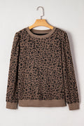 Brown Ribbed Trim Leopard Print Long Sleeve Top 🇺🇸