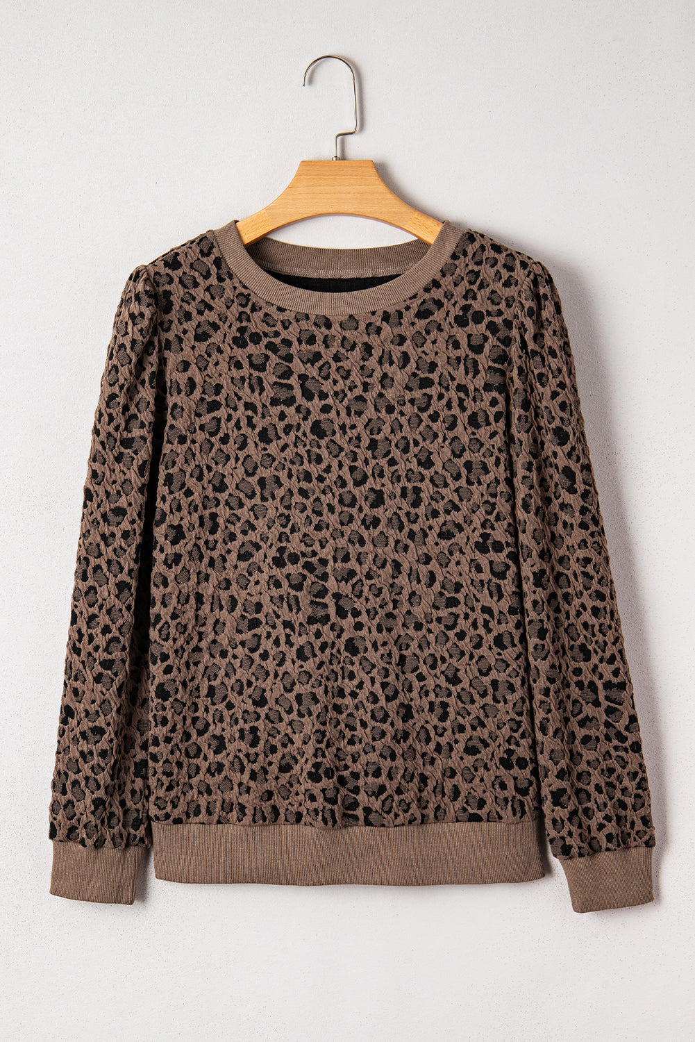 Brown Ribbed Trim Leopard Print Long Sleeve Top 🇺🇸