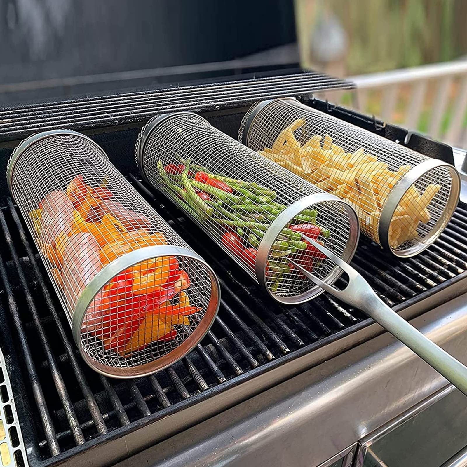 Rolling Grilling Basket Metal BBQ Barbecue Basket Net Portable Outdoor Camping Barbecue Rack Kitchen Gadgets 🇨🇳