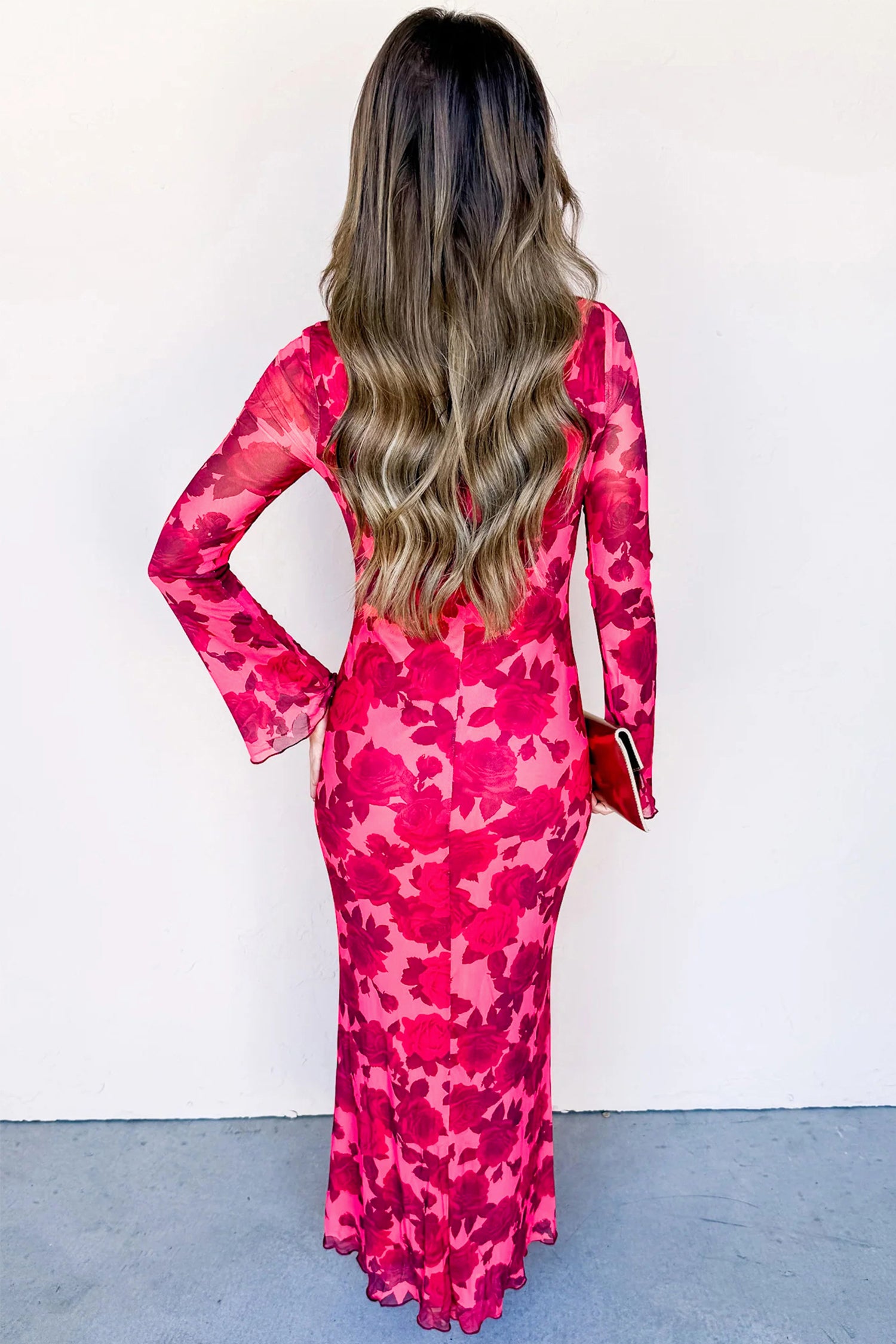 Red Floral Print Cuff Hem Serging Long Sleeve Sheath Dress 🇺🇸